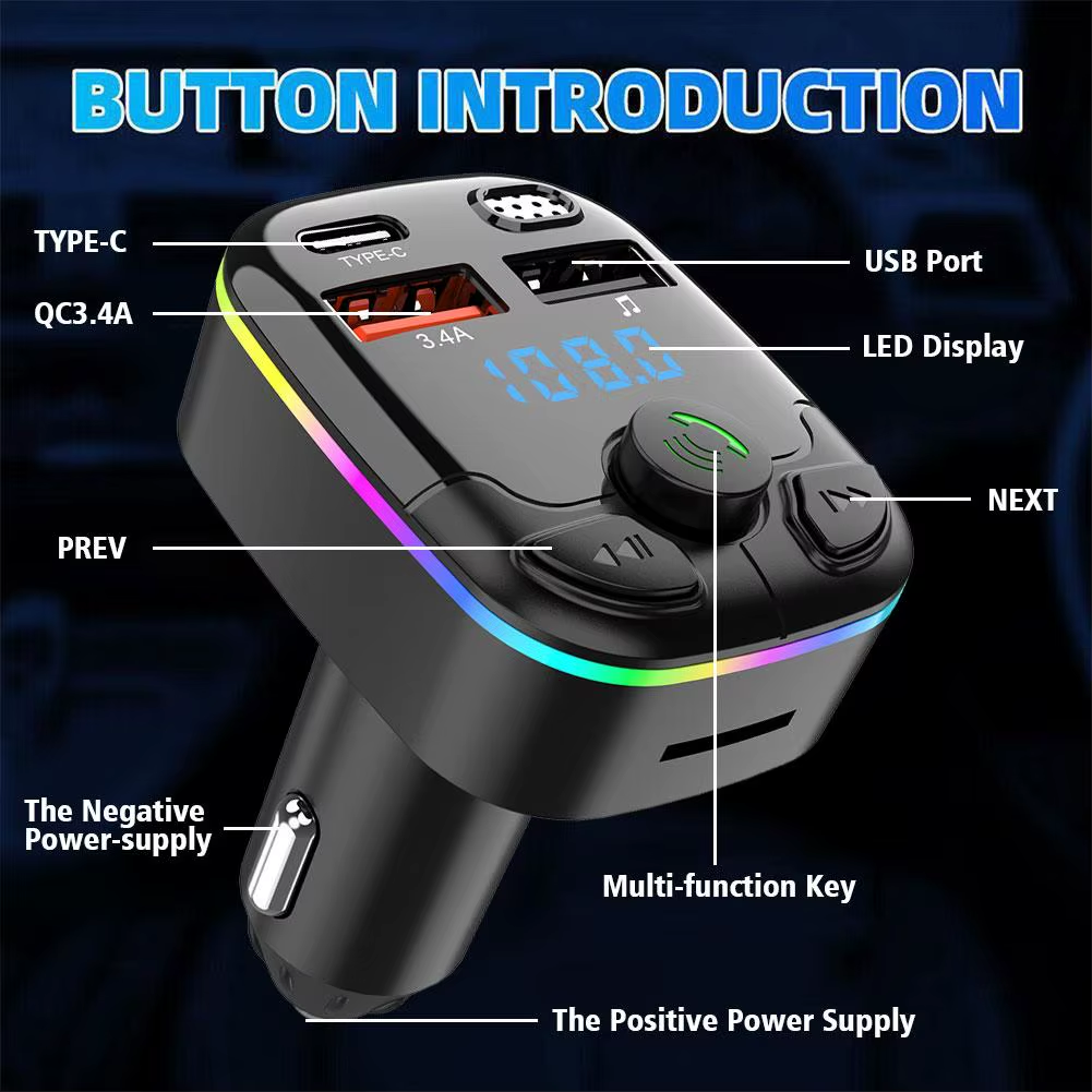 Bluetooth 5.0 Car FM Transmitter PD Type-C Dual USB